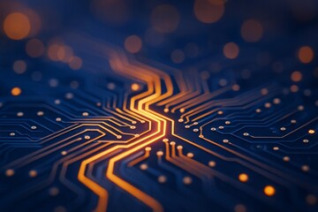 Glowing lines on a dark circuit board background showing abstract futuristic technology concept with blue and orange lights in soft focus bokeh. Ai generative