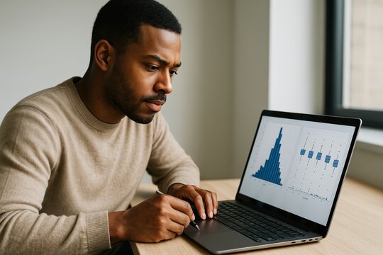 Focused man analyzing data on laptop with stylus in hand, displaying blue statistical graphs in modern office with light background setup. Ai generative