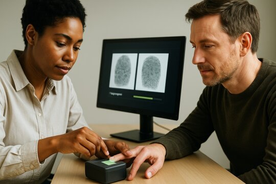 Biometric fingerprint scanning process conducted by a professional woman with a man at a desk, digital prints displayed on screen in background. Ai generative - Powered by Adobe
