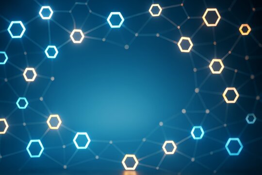 Glowing hexagonal network connections forming circular space on dark blue background with futuristic digital tech light elements concept. Ai generative