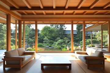 Fototapeta premium Minimalist living room with tranquil garden view 