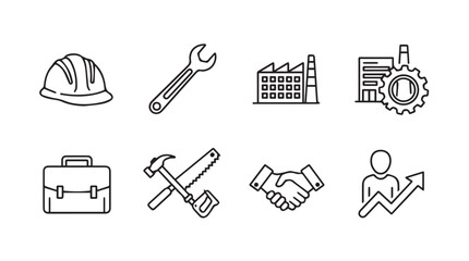 Set of industrial business icons including hard hat tools briefcase factory and handshake for manufacturing and progress vector