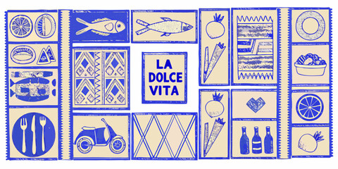 La dolce vita italian lifestyle collage featuring food scooter and cultural motifs in blue and cream © Bivuti