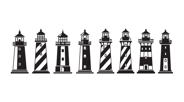 Collection of vintage lighthouse silhouettes nautical coastal beacons maritime travel vector