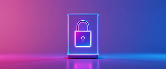 Abstract cyber protection theme, glowing 3D digital lock in glass, dark purple–pink gradient left wall, shimmering reflections, clean minimalist network style.
