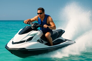 Man riding modern white jet ski at high speed on tropical sea with splashing water under bright sunlight and clear blue sky background. Ai generative