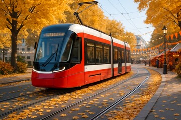 Naklejka premium Modern red tram on curved tracks with autumn leaves and vibrant yellow trees in soft light, festive city background, urban transport concept. Ai generative