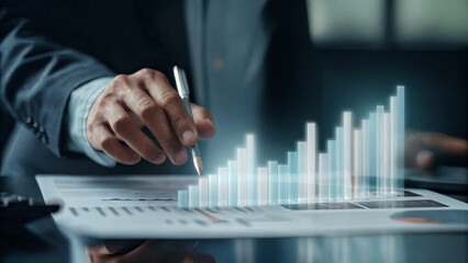 Focused businessman examining digital bar chart representing company profit and economic growth, symbolizing strategic planning, analytics, and innovation in business finance