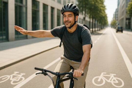 Fototapeta Confident cyclist riding on urban bike lane while signaling turn with hand gesture in city street during daylight commute transport concept. Ai generative