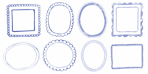 Collection of hand drawn blue frames and borders with decorative edges on white background