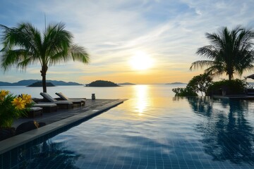 Experience paradise with a stunning sunset view from a tranquil infinity pool, perfect for luxury travel, relaxation, and tropical getaway inspiration