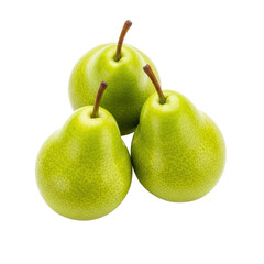 Three vibrant chartreuse green pears with brown stems clustered on a transparent seamless studio background, shadowless and crisp, fresh produce commercial concept