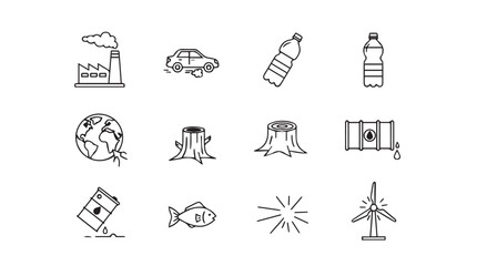 Hand drawn icons representing environmental issues pollution and sustainability concepts for eco design vector