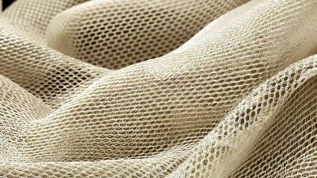 Detailed macro shot of light mesh fabric with visible net structure and smooth undulating waves. Perfect for illustrating textile concepts, material backgrounds, and contemporary style themes