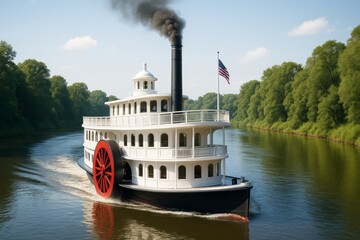 Classic steamboat with large red paddlewheel sailing on a calm river surrounded by lush green forest under clear sky in daylight background. Ai generative