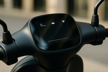 Close-up of modern electric scooter dashboard with digital display showing speed and battery on blurred urban background, concept of smart mobility. Ai generative