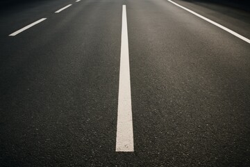 Empty asphalt road with white lane markings in warm sunlight, captured from a low angle perspective on a clear day as transportation concept. Ai generative