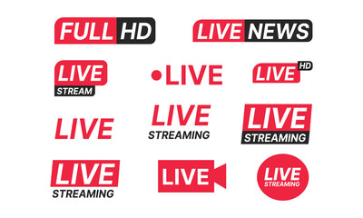 Live news and streaming icons. Symbols and buttons of live news and streaming. Vector illustration