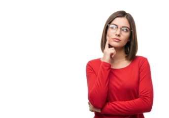 Young caucasian woman, 22-28, shoulder-length brown hair, clear glasses, red top, in deep thought on white studio background, copy space, concept of problem-solving