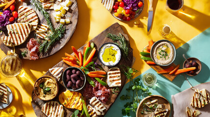 Festive spread: cheese, cured meats, vegetables, hummus, mini pies, and crispy flatbreads with olive oil and fresh herbs on wooden table. Perfect for culinary stock