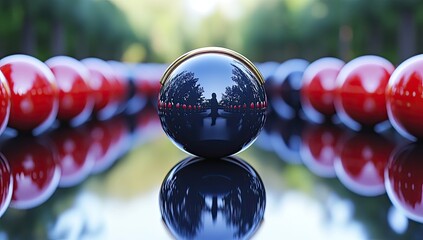 Sphere reflects trees, people amidst red/black balls on black