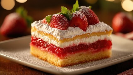 Strawberry shortcake slice, powdered sugar, bright