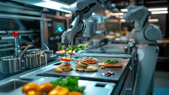 Advanced robotic chef arm preparing gourmet dishes on a sleek stainless surface, showcasing precision automation, foodtech innovation and futuristic culinary craftsmanship