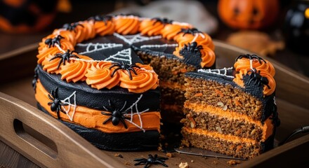 Spooky halloween cake decorated with black frosting orange icing and spider decorations