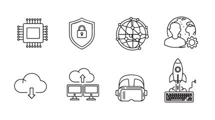 Set of technology icons including chip security shield globe user network cloud storage vr headset and rocket vector