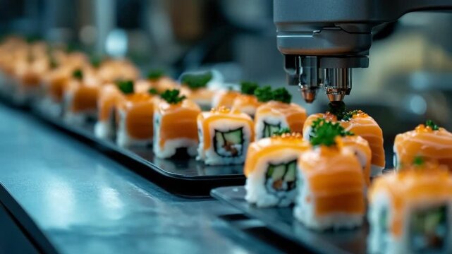 Cutting edge robotic arm garnishes fresh salmon sushi rolls on a conveyor in a high tech food production facility, blending precision automation with modern gastronomy