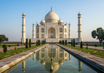Naklejka premium Taj Mahal Stunning Architecture and Reflection in India. Famous Landmark, Gardens, and Clear Sky.