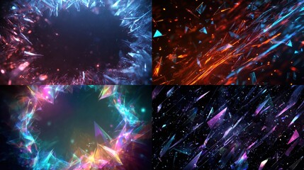 Four abstract digital art panels showcase glittering crystalline structures, with varying colors & arrangements