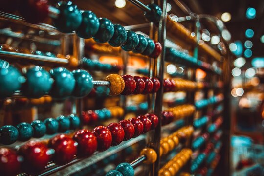Close up of a colorful metallic abacus with various beads