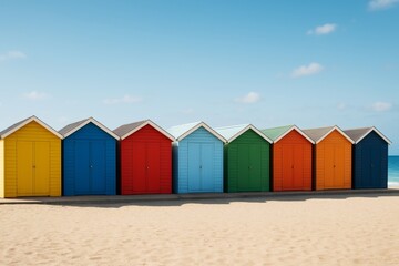 Row of colorful beach huts on sandy shore under bright blue sky with light clouds, vibrant summer background concept for vacation themes. Ai generative