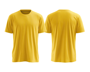 A mustard yellow, short-sleeved crew neck t-shirt shown from front and back views on a transparent background