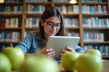 A Student Engaged in Tech-Savvy Learning Environment in a Modern Library, Surrounded by Green Apples and Using Digital Tablet