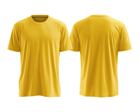 A mustard yellow, short-sleeved crew neck t-shirt shown from front and back views on a transparent background