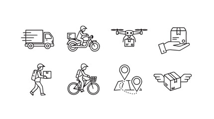 Set of hand-drawn icons representing fast delivery services and logistics solutions vector