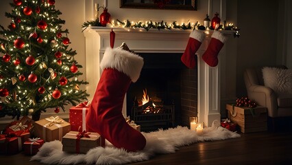 A cozy living room fireplace with two red christmas stockings hanging from the mantle with garland, candles, and a decorated tree. Christmas concept