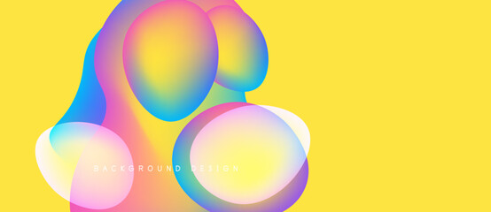 Abstract colorful shapes overlap yellow backdrop. Gradient hues blend, creating dynamic visual effect. Modern design element.