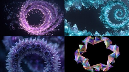 Four abstract, glowing scenes swirling light, crystal spirals, circular clusters, geometric shapes