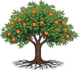 Orange tree with green leaves, ripe fruit, and visible roots in vector style for agriculture, growth, nature, and botanical education © Sihab Creatives