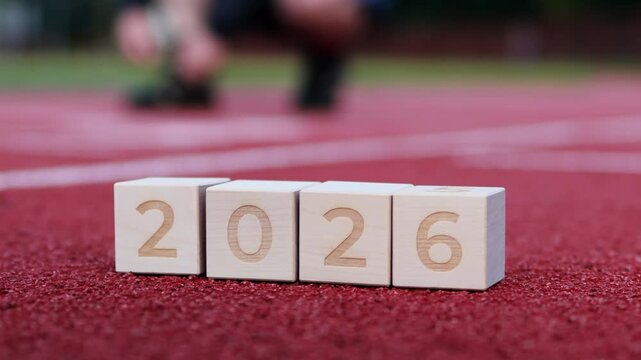 Training for future sporting events is seen as blocks numbered 2026 sit on a running track. Athletes focus on goals and achievements as they prepare for competition