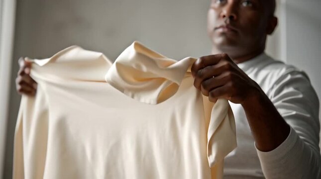 A focused man carefully examines a soft, light-colored garment, his gaze revealing a deep appreciation for the fabric's quality and the item's elegance.