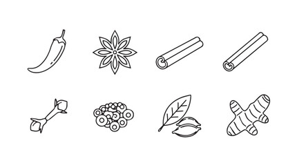 Hand drawn spice collection featuring chili star anise cinnamon sticks ginger and cardamom vector