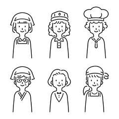 飲食関係の制服を着た様々なタイプの働くシニア女性のアバターのベクターイラスト,アイコン,シンプル,モノクロ
