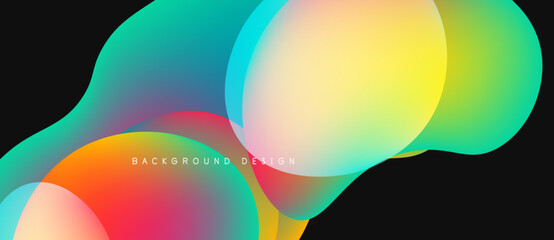 Abstract colorful shapes overlap, creating vibrant background. Smooth gradients blend turquoise, yellow, red hues. Modern design element.