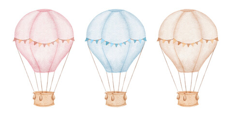 Hot air balloon in blue, pink and neutral colors. Watercolor isolated illustrations for gender party, kids