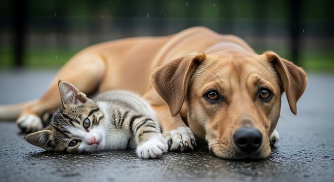 A Sad Dog and Cat Lying Together on a Wet Surface.