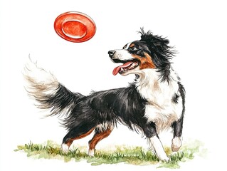 Fototapeta premium Tricolor Border Collie Dog Playing Fetch with Red Disc Watercolor Painting